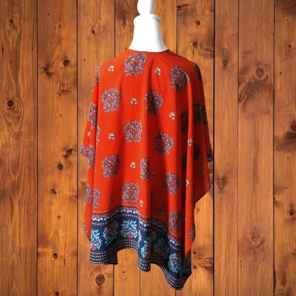 Marcus Adler One Size Women's Red Floral Wrap Poncho Cover Up Boho Hippie Travel